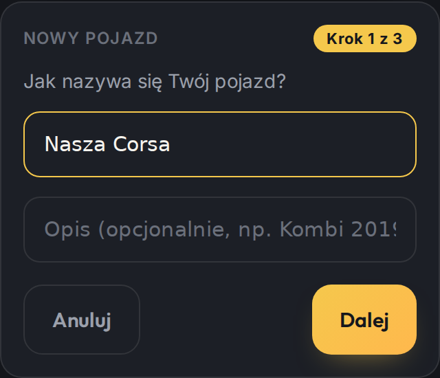 Kreator pojazdu: pole nazwy i opisu auta