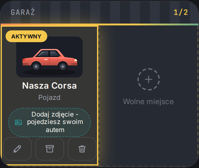 Lista pojazdów w garażu z miejscami na kolejne auta