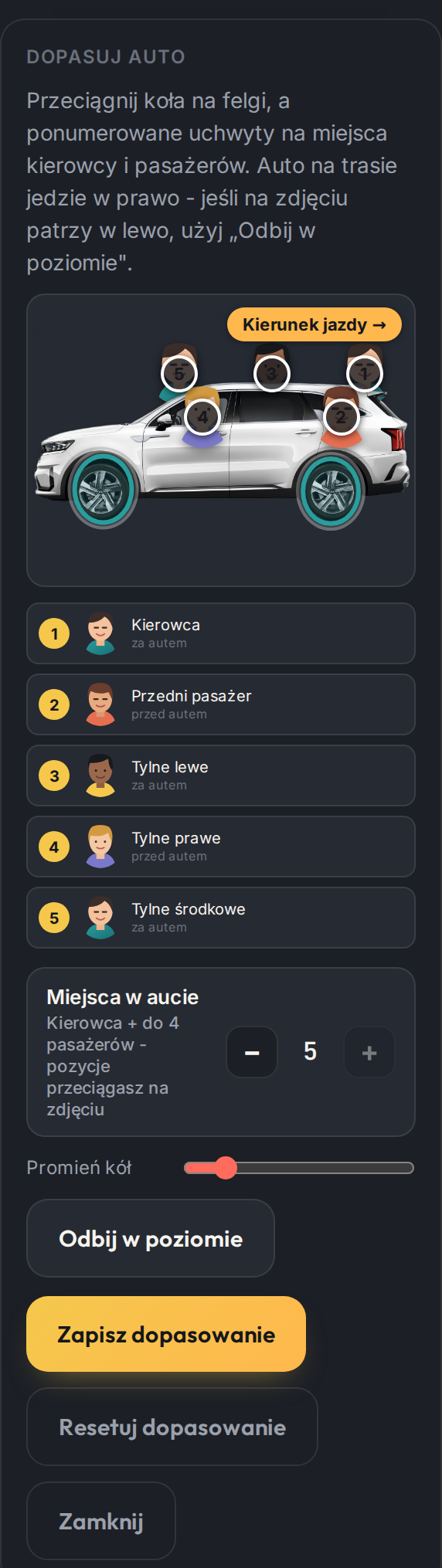 Edytor dopasowania: koła i miejsca pasażerów na zdjęciu auta