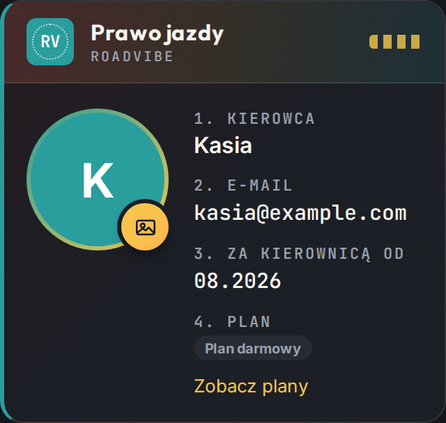 Karta profilu ze zdjęciem kierowcy i planem konta
