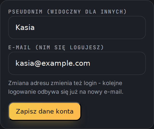 Formularz danych konta: pseudonim i adres e-mail