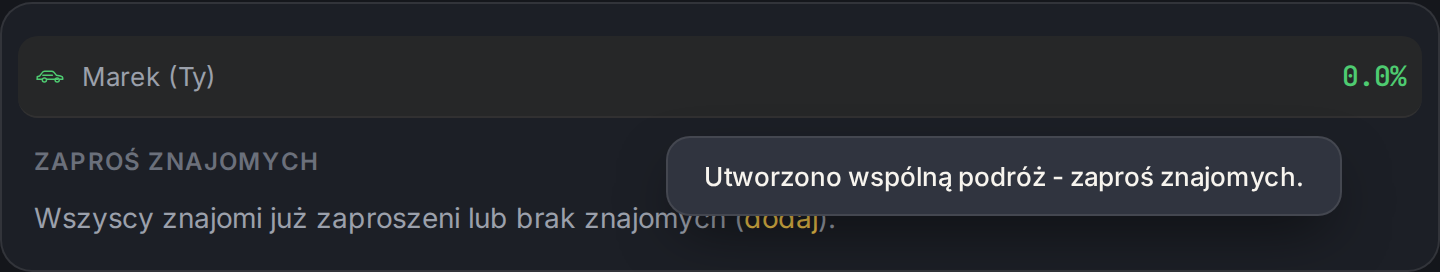 Karta wspólnej podróży z listą uczestników i zaproszeniami